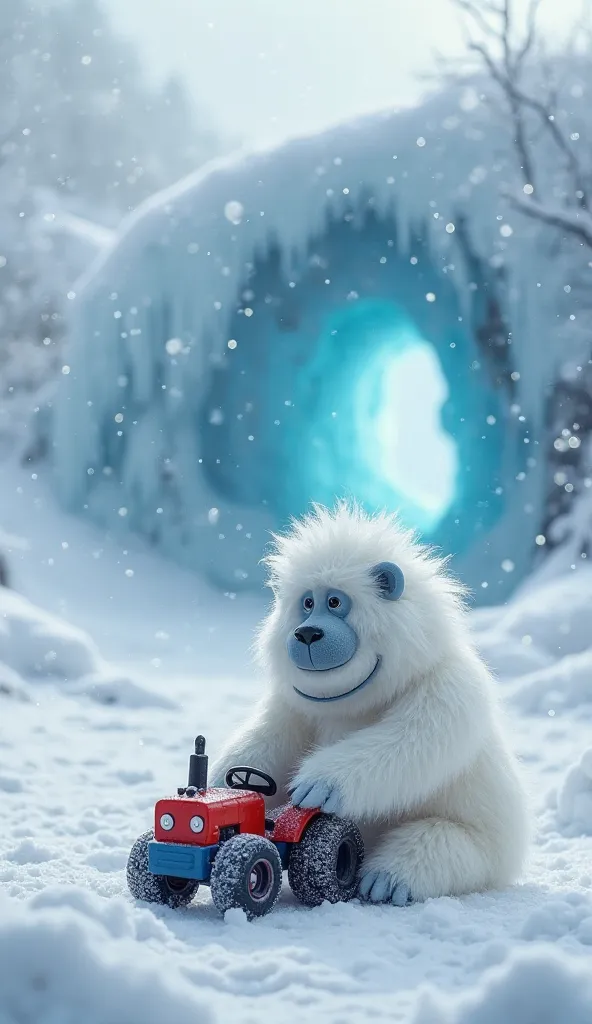 A peaceful snowy valley, with an ice cave entrance glowing softly in the background. In the foreground, a cute white fluffy yeti  sits on the snow, happily playing with a red-and-blue mini tractor. His thick fur is slightly ruffled by the cold wind. Snowfl...