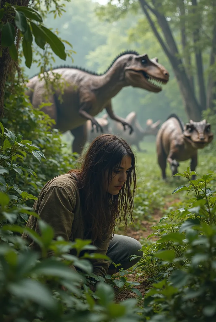 Woman hides behind a bush and dangerous-looking dinosaurs run behind