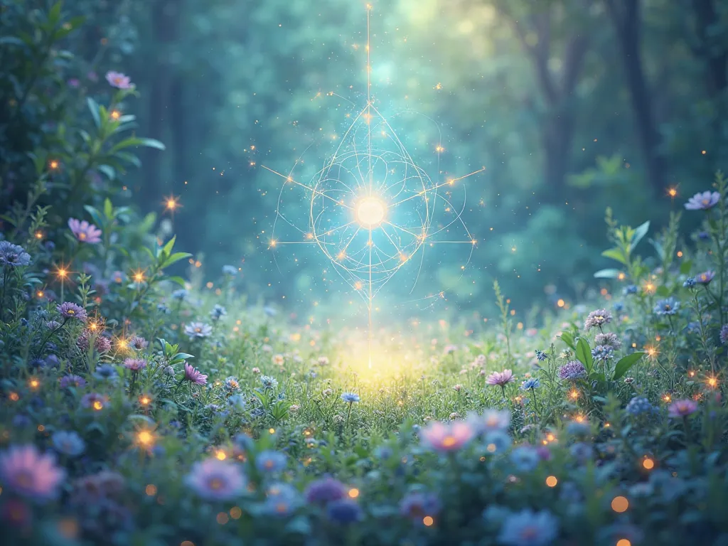 Imagine a mystical scene symbolizing 'Energy Harmony.' Visualize a serene, ethereal environment where a vibrant field of energy spreads out in soft hues of blue, green, and violet, accented with touches of gold. Organic lines of light flow gracefully, conn...