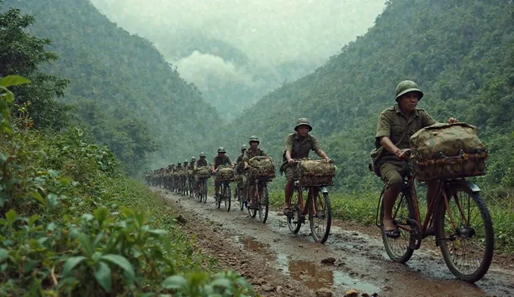 Photorealistic historical scene, 1954, Vietnam, long line of people pushing heavily loaded bicycles on muddy mountain trail, rainy weather, carrying ammunition and rice bags, Truong Son mountain range, determined young volunteers in simple clothing, extrem...