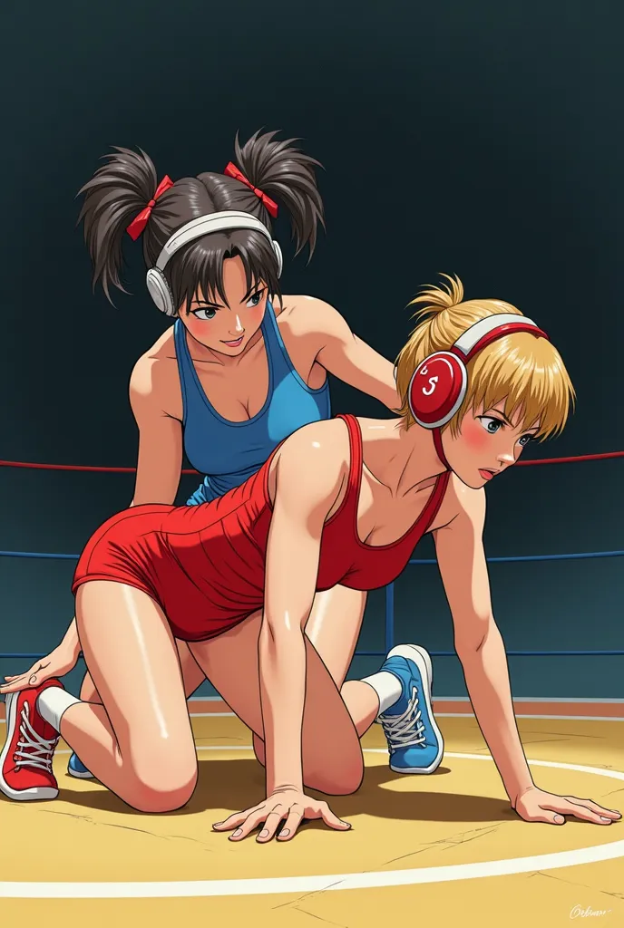 ultra detail, anime style. Match from the eighties . a female in a red freestyle wrestling singlet is on all fours in the center of the mat, and a female in a blue freestyle wrestling singlet is holding it from behind