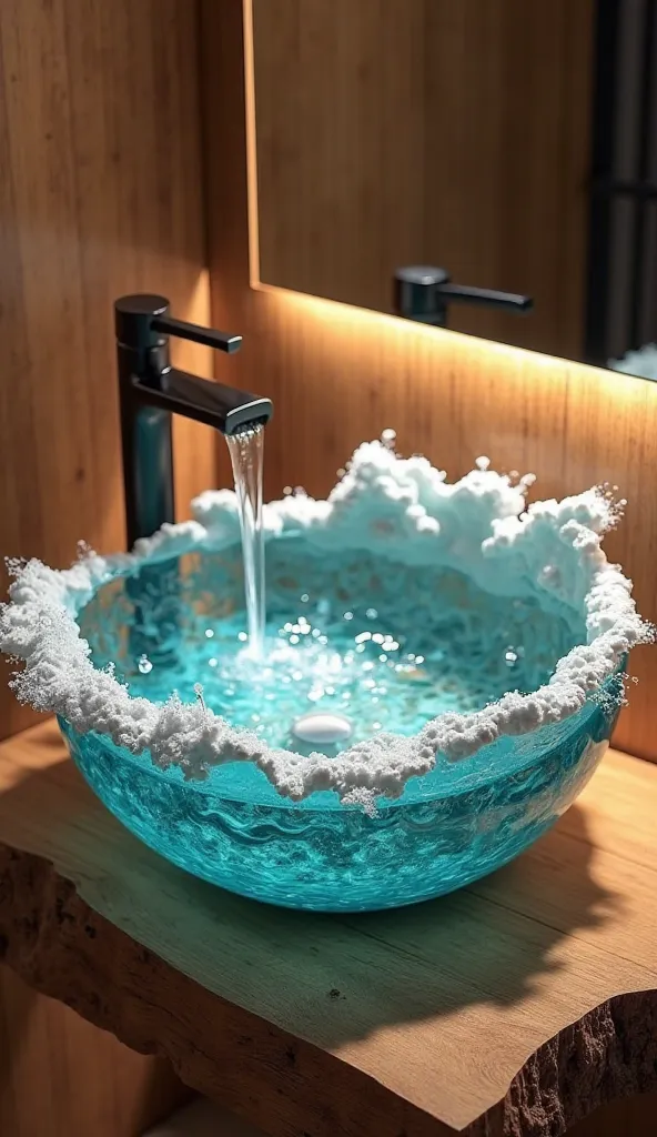 /imagine prompt:  
A hyper-realistic bathroom sink designed as a crashing ocean wave, sculpted from high-translucency aquamarine resin. The sink perfectly mimics a dynamic tidal wave, with intricate curling wave edges, foamy white water crests, and smooth ...