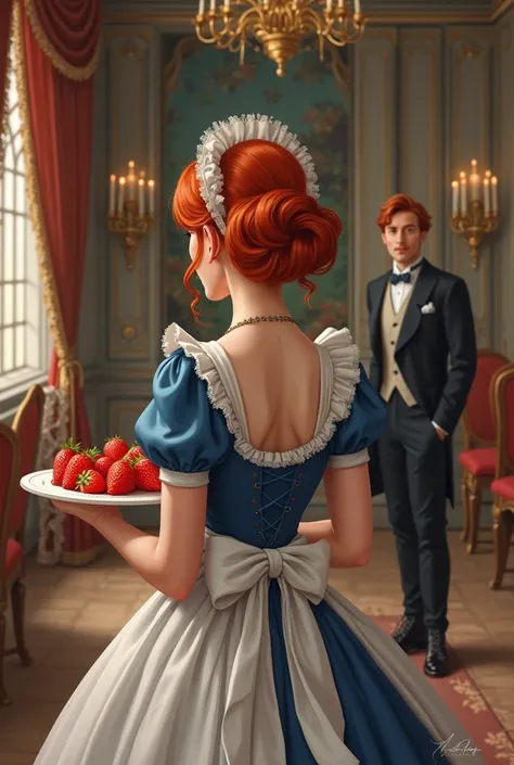 Make a book cover, with a Redhead dressed as a maid with her back holding a breakfast tray with some strawberries, You can't see your face in front of a man in a suit.  castle hall 