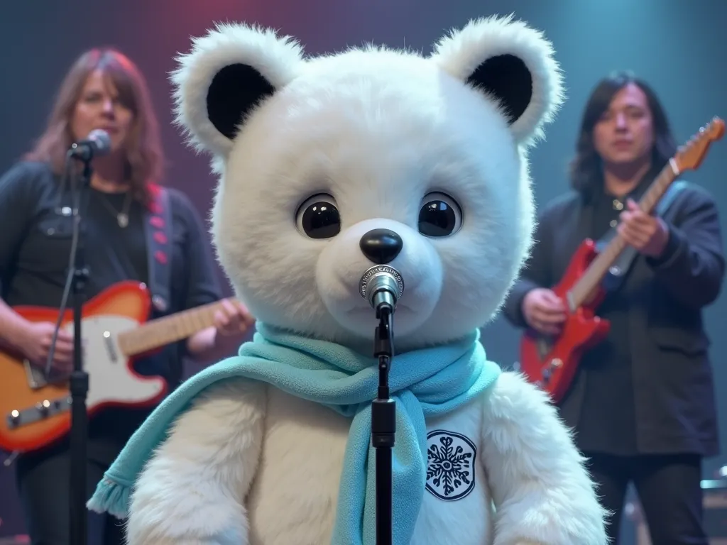 A white anthropomorphic teddy bear on stage in front of a microphone and with a rock band. It has large black eyes and a round black nose. It wears a light blue scarf around its neck, adorned with a logo featuring a stylized snowflake. Its ears are round w...