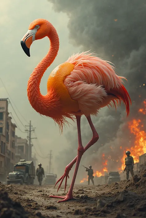 A flamingo whose neck grows out of an orange fruit and the background is a warfare