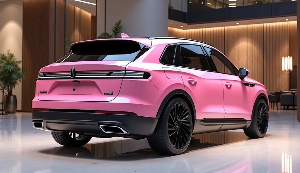 Create a 3d render (back right side view) review car design 2025 Lincoln Nautilus
“(pink) colour with a“(Lincoln)”logo on back (Nautilus) on its  back end look. and Headlights“in pure glossy black with ultra detailed glossy shining image captured from  (ba...