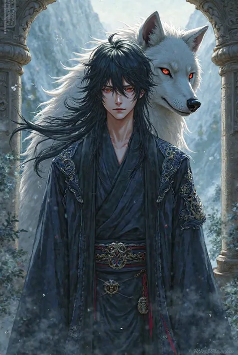 Odeai, the wolf, Suin, a handsome man with long black hair and black clothes in an anime style 