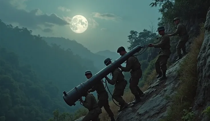 Photorealistic historical scene, 1954, Vietnam, Vietnamese soldiers pulling heavy artillery cannon up steep 1100-meter mountain, ropes and levers, moonlight illuminating their determined faces, sweat-drenched uniforms, teamwork, dangerous cliff edge, dense...