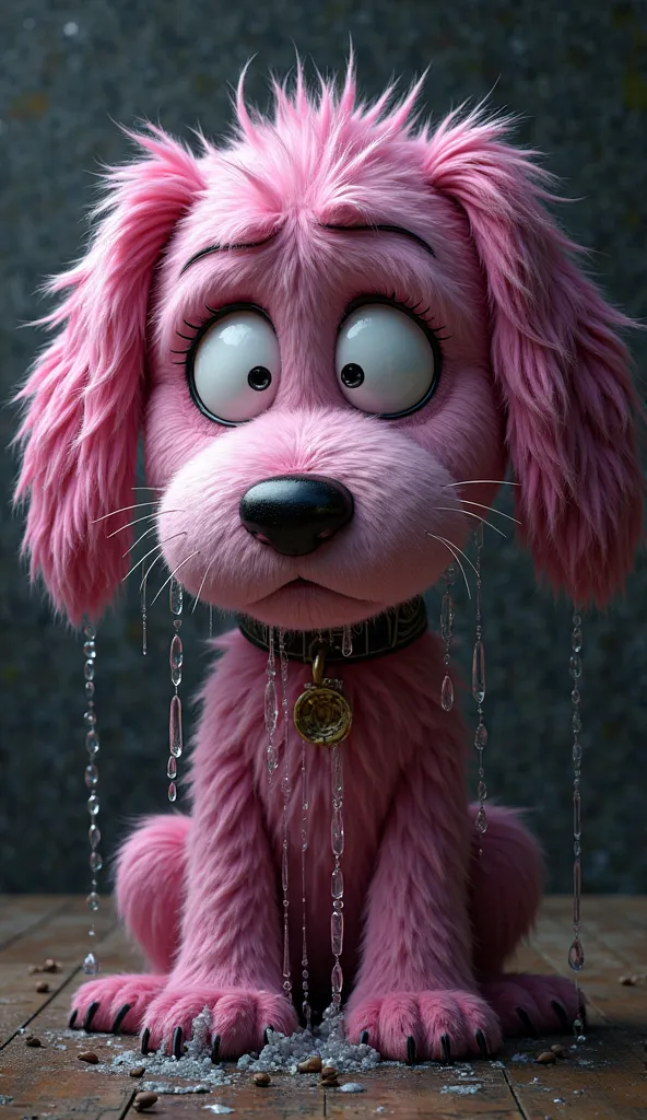 Create me an image of the very sad fuchsia-colored giant Snoopy dog crying with lots of transparent tears those eyes and cheeks on a dark background