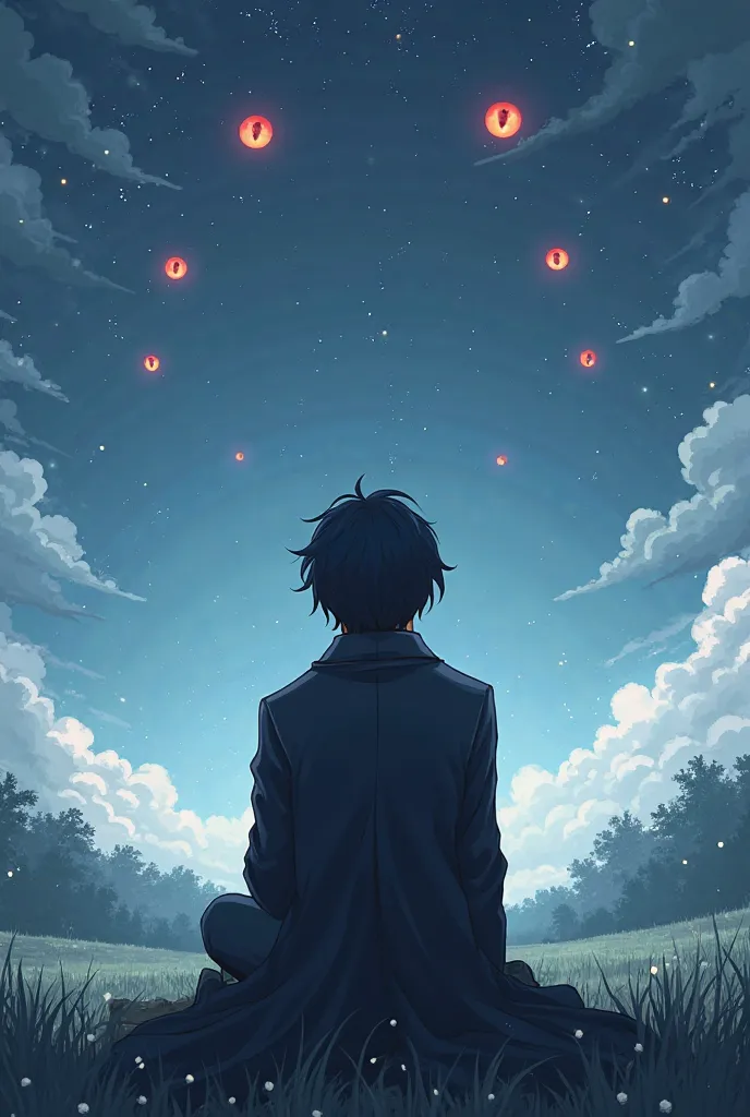 Create an anime character, who sits on the plain near him trees, he sits with his back and has a dark coat and dark hair, fair skin, so does he look at the sky, and several pairs of red eyes look at him in the sky