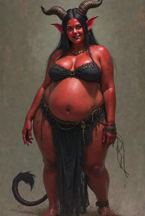 Fat demon female,young, beautiful, high cheekbone, black lips, red skin, black top, black long loincloth, short horns, demon tail, belly fat and hangs low and over the waistband of the loincloth, goat legs, short sleek back hair black, smiles