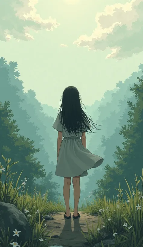 Create an anime-style illustration of a young age girl standing in a serene yet melancholic natural setting, conveying a sense of sadness and introspection. The image should be rendered from behind, showcasing the girl's back as she gazes out at the somber...