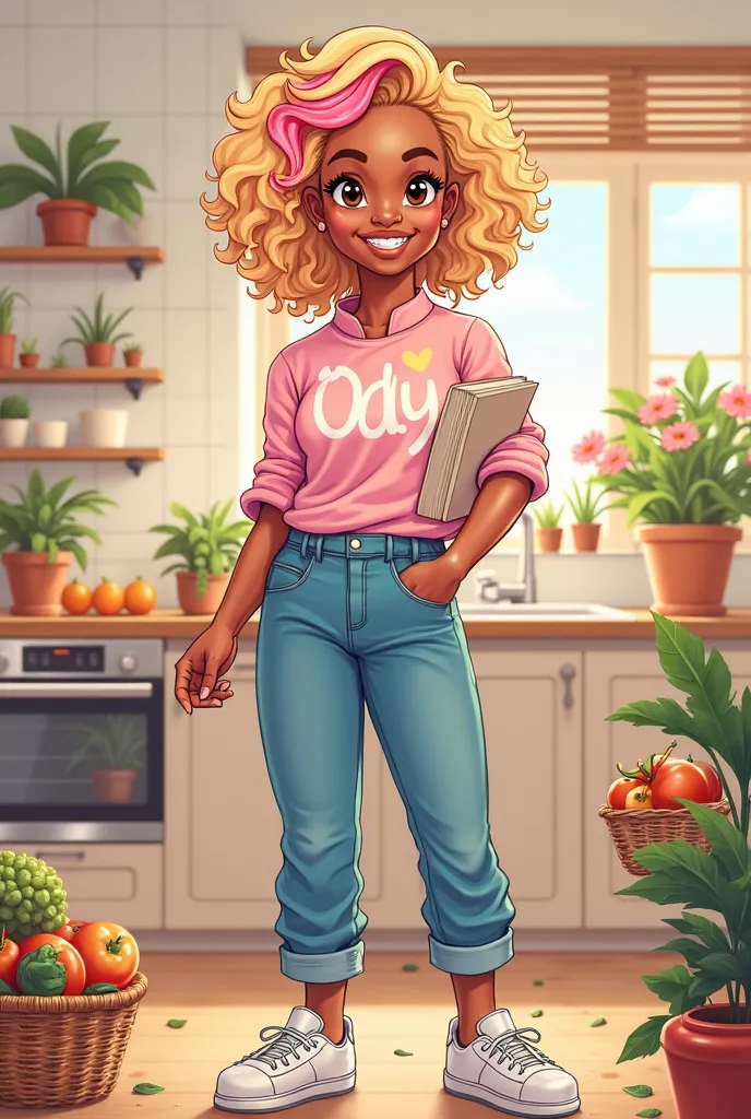 Create an adoodle art drawing of a smiling ren's teacher .  a caramel-colored woman  ,Curly blond hair tied hairstyle style ,She has a lock of pink hair, brown eyes, wearing jeans ,a light pink chef's blouse with the writing " Ody 🤎 "  on the blouse  , And...