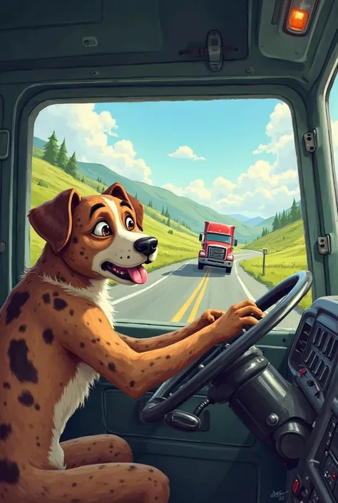 Draw a spotted dog that is driving a truck and another truck is coming through the rearview mirror. Show that he's on the phone and the phone is in your ear.