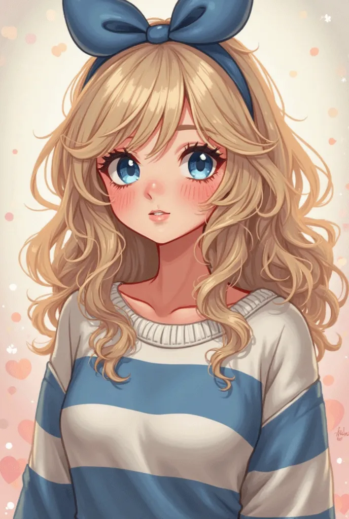 
Create a realistic anime illustration of a beautiful woman with large, expressive blue eyes and soft freckles on her cheeks. She has voluminous, curly blonde hair adorned with a large blue ribbon. She is wearing a cozy oversized sweater with blue and whit...