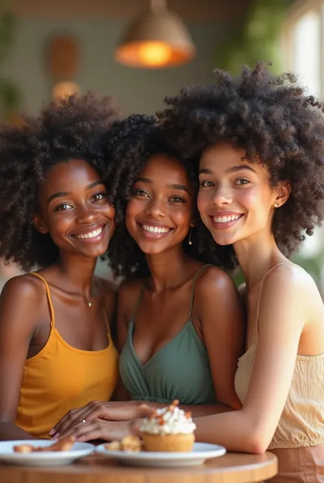 3 girls friend circle, 1 is slim & light brown skin, 1 is fat & short height & dark brown skin, 1 is medium white skin. They are sitting on a table & looking at the camera. 3d picture.