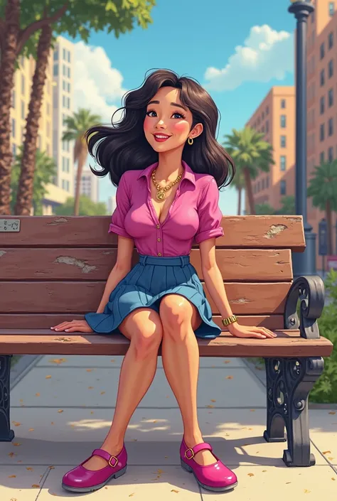 Tip: A very lovely  beautiful Asian American woman being happy alone on a bench in Downtown San Diego in the sun..The illustration is a high definition illustration with 4k resolution., with highly detailed facial features and cartoon style visuals, fuchsi...