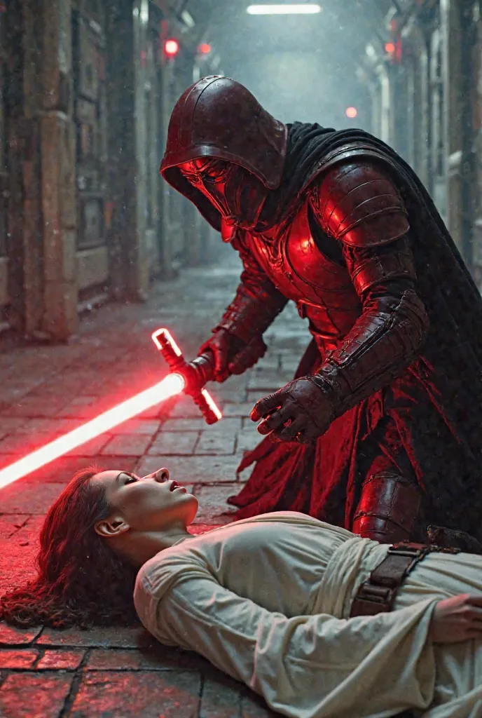 A female Jedi and a mal Sith are fighting hard and concentrate against each other, she is lying like dead on the ground wearing a white  robe and he is on his knees wearing a red amour suit with no visible face, lightsaber against gun, cinematic lighting, ...