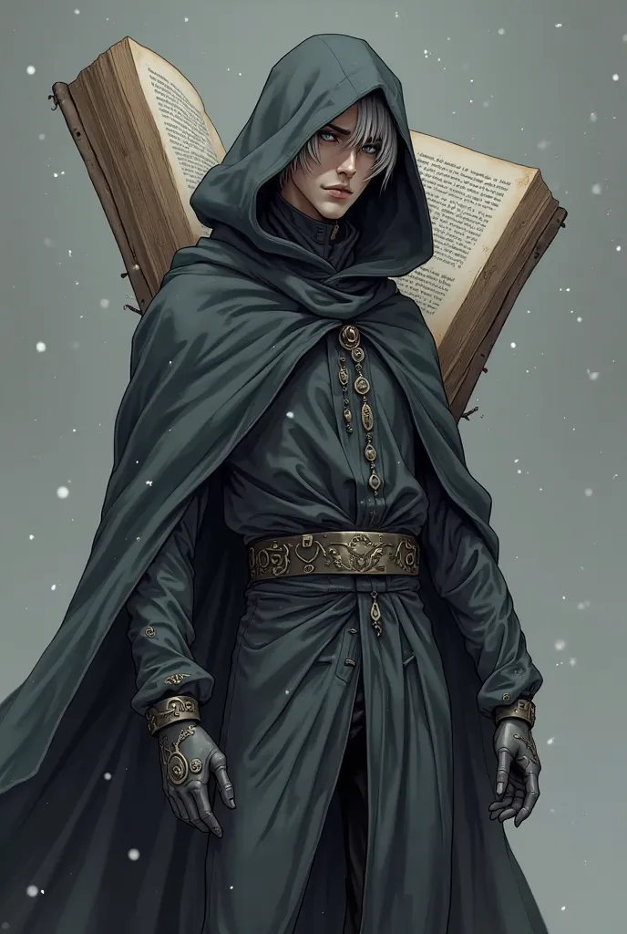 a mysterious figure dressed in a gray-black robe. he has magical runes on his sleeves. his eyes are pure gray. his pants are gray-black. he has a hood on. There's an huge open book behind his back. a man. anime style