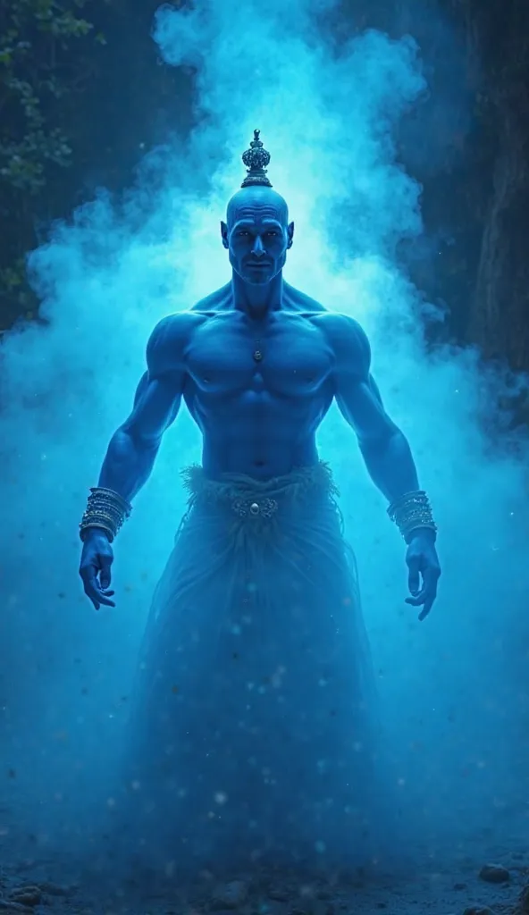 a Genie of the lamp, the genie is large and light blue, surrounded by a light blue mist that moves slowly, a light blue aura around the genie in the form of blue smoke that moves. and has a dark look and with both arms with shiny bracelets, he looks straig...