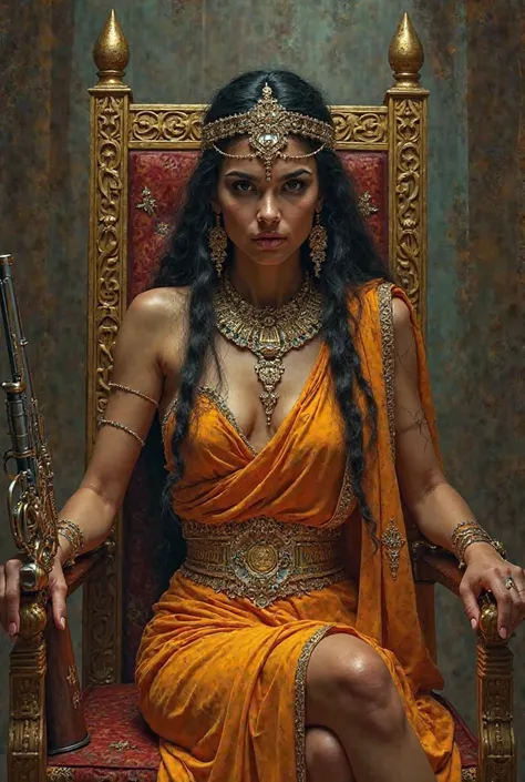 Sexy Cleopatra on the throne with a gun