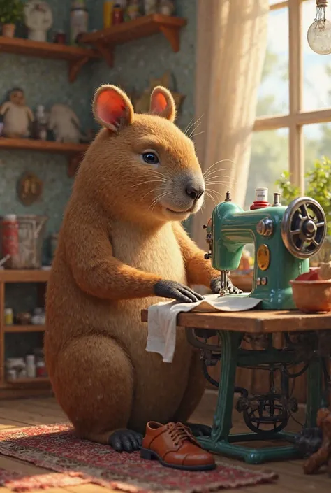 A capybarab sewing shoes on a sewing machine 