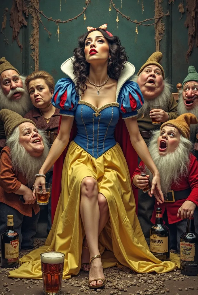 Une affiche de cinema Disney. On voit blanche neige complètement saoulée, vulgaire, dénudée avec les 7 nains. 10 bouteilles de wisky et biere. Ecrire le titre du film en Français : " Blanche neige et les 7 grammes" 



