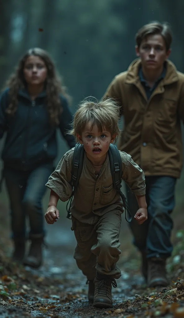 A pale eight-year-old boy with frightened eyes runs out of the dark,  hair disheveled ,  The clothes are dirty . He stands in front of two friends, hands clenched in fists in horror.