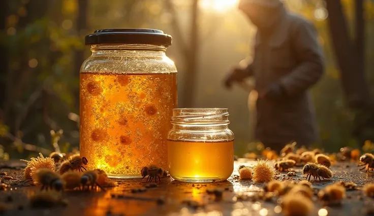 "Create an ultra-realistic and captivating YouTube thumbnail for a video titled '¿Por qué la Miel de Abeja se Cristaliza?: Esto es lo que ocultan los Apicultores.' The image features a glass jar filled with crystallized honey, its grainy texture catching t...