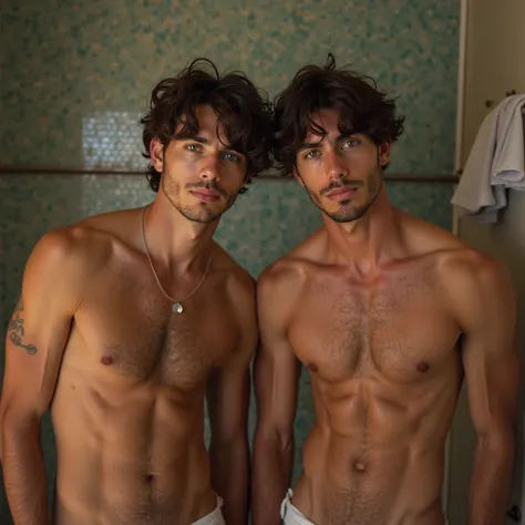  2 beautiful Latino men, models,naked,  light-skinned fringe, Bangs on brown hair, blue and green eyes, cocha grossa , athletic and hairy body,big upturned ass,Bangs on brown hair,  bathing in the club bathroom,nakeds