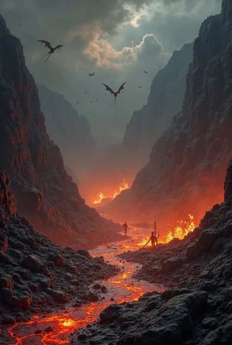 *stage:* - The scene takes place in a dark and dark valley, surrounded by mountains of smoky black rock. - The ground is covered with a lake of burning lava, that bubbles and boils constantly. - The air is filled with dense, toxic smoke, that makes it diff...