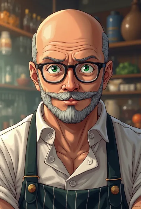  40-year-old male, calvo ,with beard ,green eyes and glasses as if I were a one-piece cook 