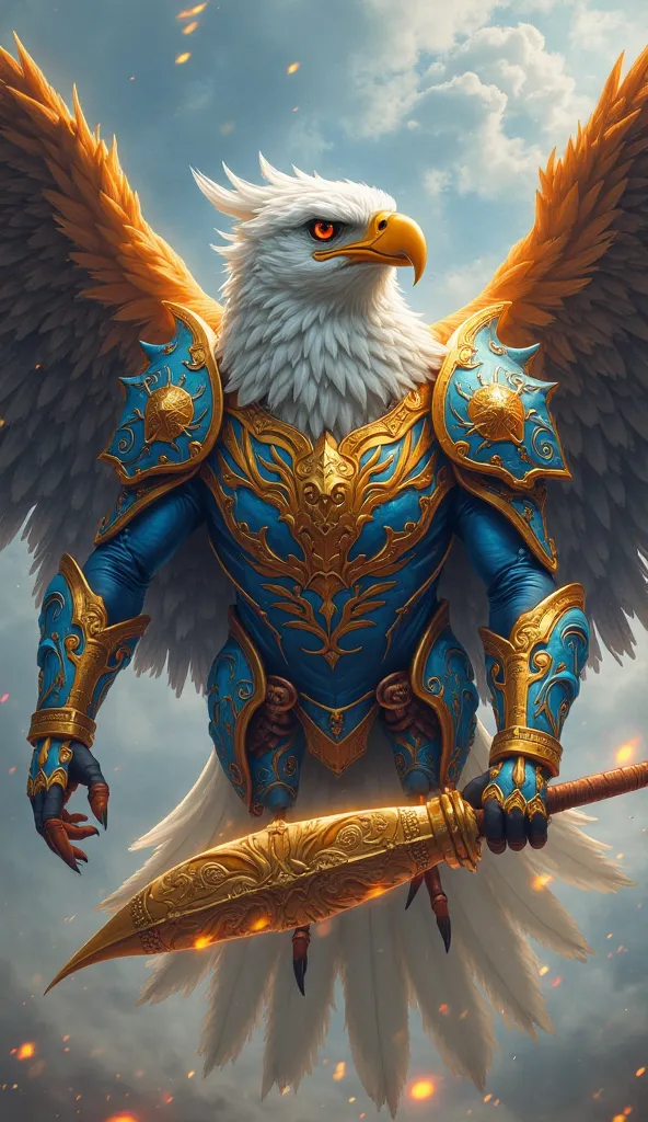 A majestic eagle, descending onto the battlefield in radiant blue and orange armor, designed with feathery engravings resembling divine patterns. Its golden helmet features an imposing eagle beak design, and its massive wings are lined with golden armor pl...