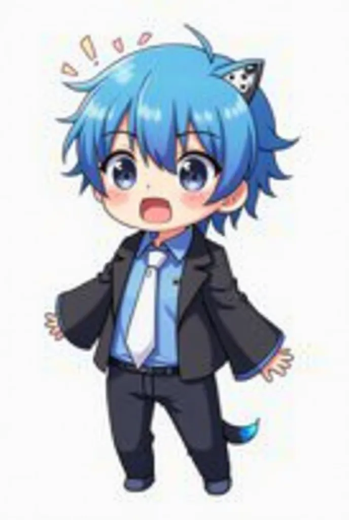 1boy, :o, black eyes, black pants, black shirt, blue hair, blue shirt, chibi, collared shirt, extra eyes, full body, jacket, long sleeves, looking at viewer, male focus, multicolored hair, necktie, no nose, open mouth, pants, shirt, short hair, sleeves pas...