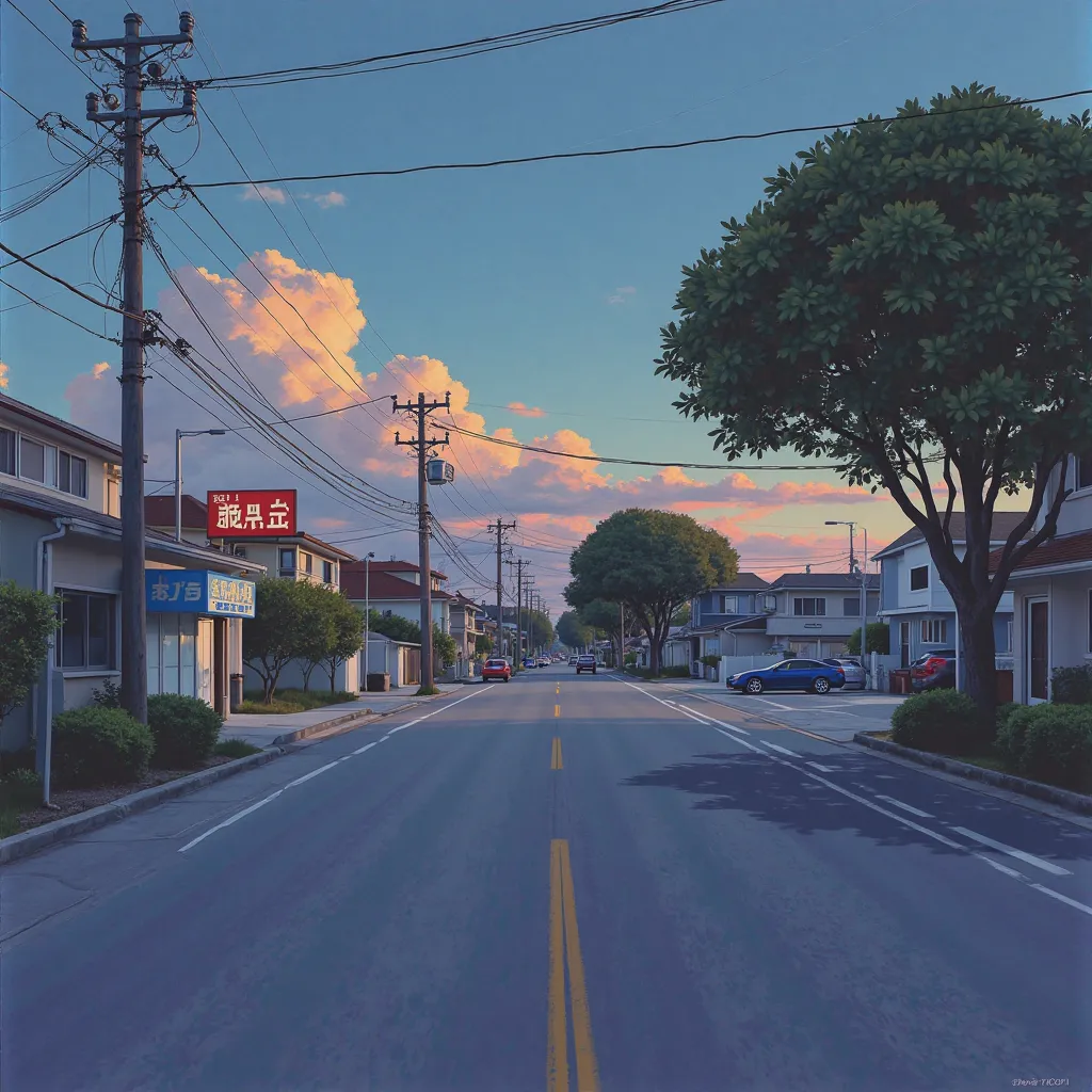 Hirhiroshi nagai painting. Sleep paralysis.  Retro futuristic. Mundane suburban town