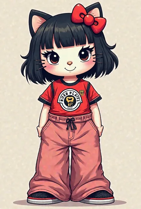 An image of Hello Kitty wearing a river plate t-shirt, black hair and bangs, wide baggy pants with blush, false eyelashes and thick eyeliner.