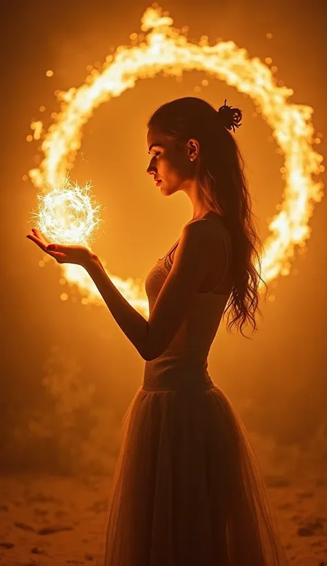 Realistic portrait photography in a golden atmospheric setting, cinematic stillness, eye contact, golden magical circle background, backlit, left hand extended, a ball of fire floating in hand, 8K quality, rim light photography, dreamy feeling, three-dimen...