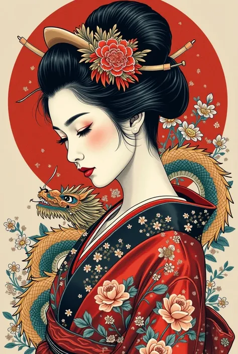 Irezumi style geisha tattoo, with a delicate and serene face. The kimono is traditional, with details of flowers and dragons. The tattoo is done with strong colors such as red and black, creating a visual contrast and celebrating Japanese culture and symbo...