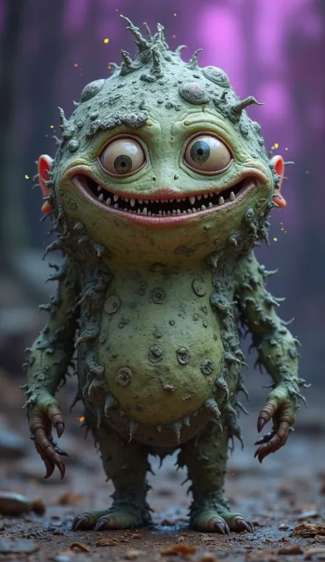 A quirky, golem-like mystery creature with a humorous, exaggerated face that showcases a playful expression. The creature has rocky, textured skin in shades of grey and mossy green, with large, cartoonish eyes and a wide, goofy grin. Its features are exagg...