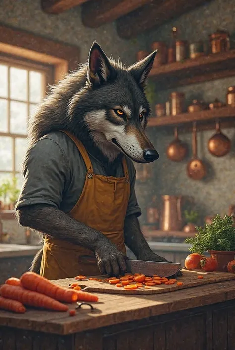 

Prompt:
"Imagine an anthropomorphic wolf, wearing a kitchen apron, cutting carrots with a knife on a cutting board in a rustic kitchen. The wolf is tall, with dark gray fur and intense eyes, and looks focused and skilled while handling the knife. The kit...