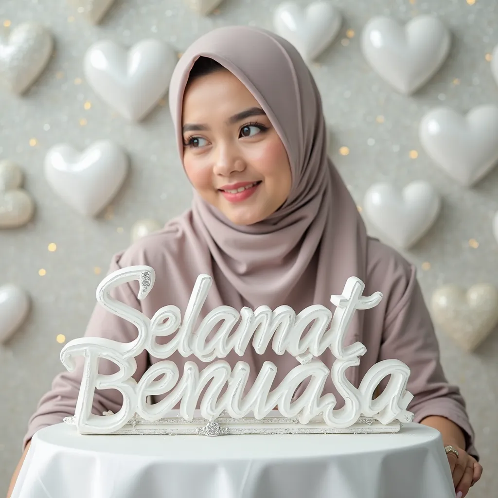  Woman in hijab , Selamat Berpuasa,  sits on a white three-dimensional name plate decorated with simulated diamonds ,  amidst a beautiful and romantic atmosphere filled with white hearts and glittering backgrounds.