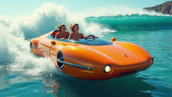 Imagine a Close 45 angle side view of a painted glossy Orange amphibious vehicle soaring across turquoise waters, sleek futuristic, smooth, aerodynamic curves paired with bold, iridescent color accents and integrated LED lighting that traces the car’s cont...