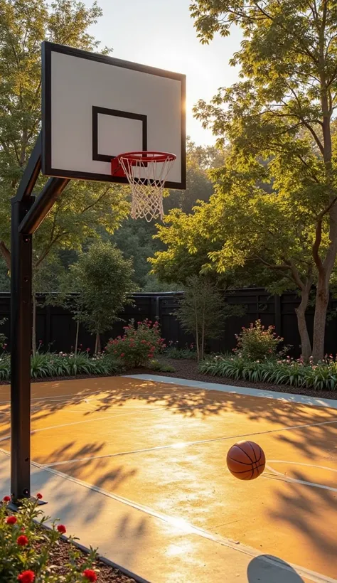 modern golden basketball court in backyard with basketball ball 