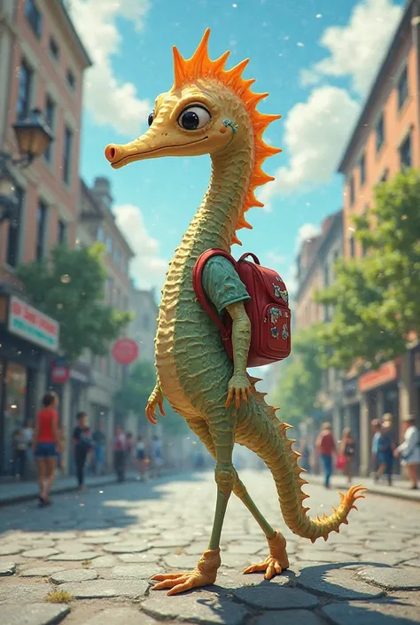 Create a image of a sea horse whit legs walking to school whit a backpack walking on the street