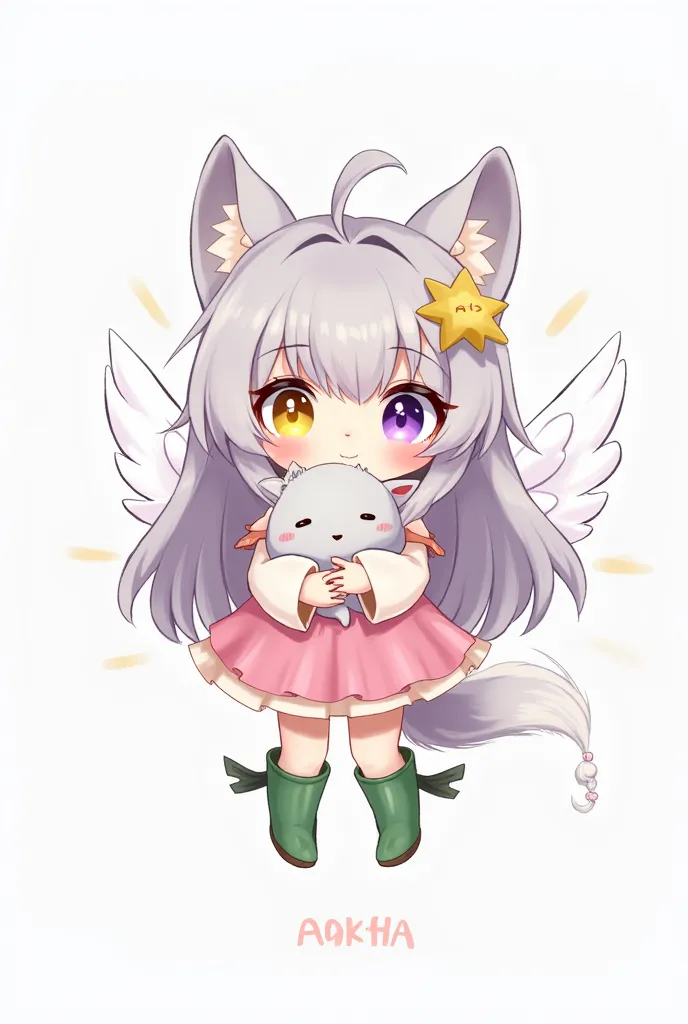 1girl, animal ears, antennae, boots, chibi, dress, full body, green footwear, hair ornament, hairclip, heterochromia, holding, holding animal, long hair, pink dress, purple eyes, sleeves past fingers, sleeves past wrists, solo, star \(symbol\), star hair o...