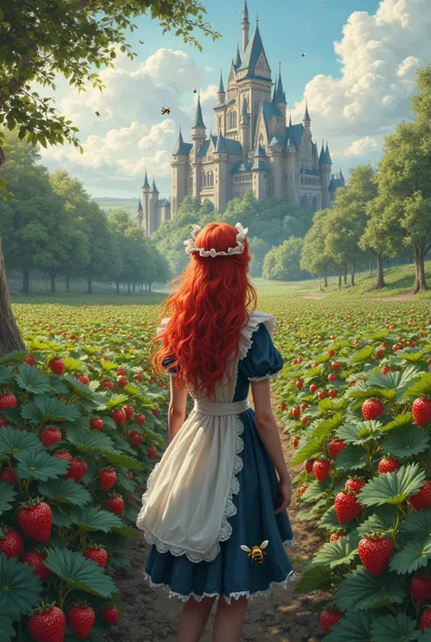 Make a book cover, with a Redhead dressed as a maid in a strawberry field, With your back , I can't see your face. castle background. Realistic image 