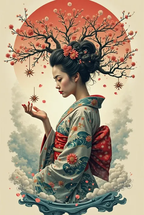 Surrealist tattoo of a geisha with an exotic touch, where your head is transformed into a leafy tree, with branches and cherry blossoms flowing out. Your hands,  with elongated fingers , holding small floating stars and petals. The kimono is made of waves ...