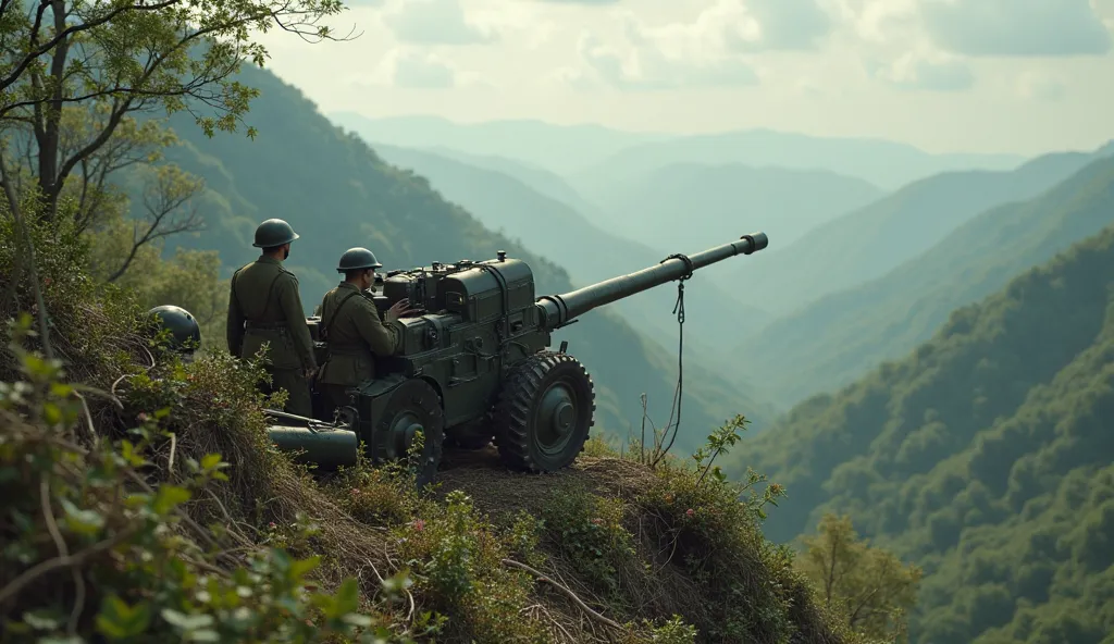 Photorealistic historical scene, 1954, Vietnam, artillery positioned on hilltop, camouflaged with branches and leaves, gunners preparing to fire, aimed at French positions in valley below, tense anticipation, strategic vantage point, historical accuracy, V...