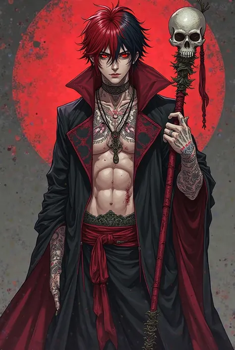 make a man, anime style, With the eyes of a red serpent, Full Body, With a staff whose tip is a skull (necromancer), Red hair with black gradient, An outfit similar to vampire clothing,  Roupa Suja, bruises on the necks and body covered with tattoos