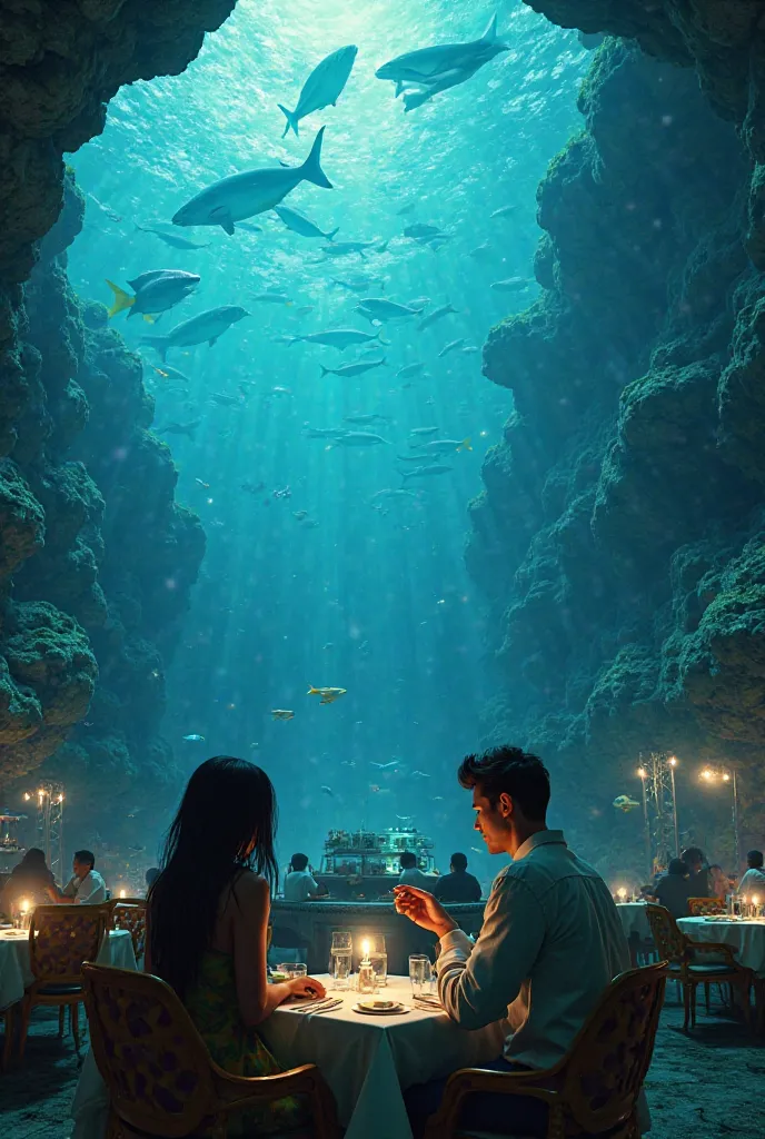 Restaurant submerged under the sea. There are tables and chairs and a food bar. The ceiling is transparent and you can see the marine fauna, swimming above people. On a table there is a tall, burly man, with little black hair on the sides of his head,  and...